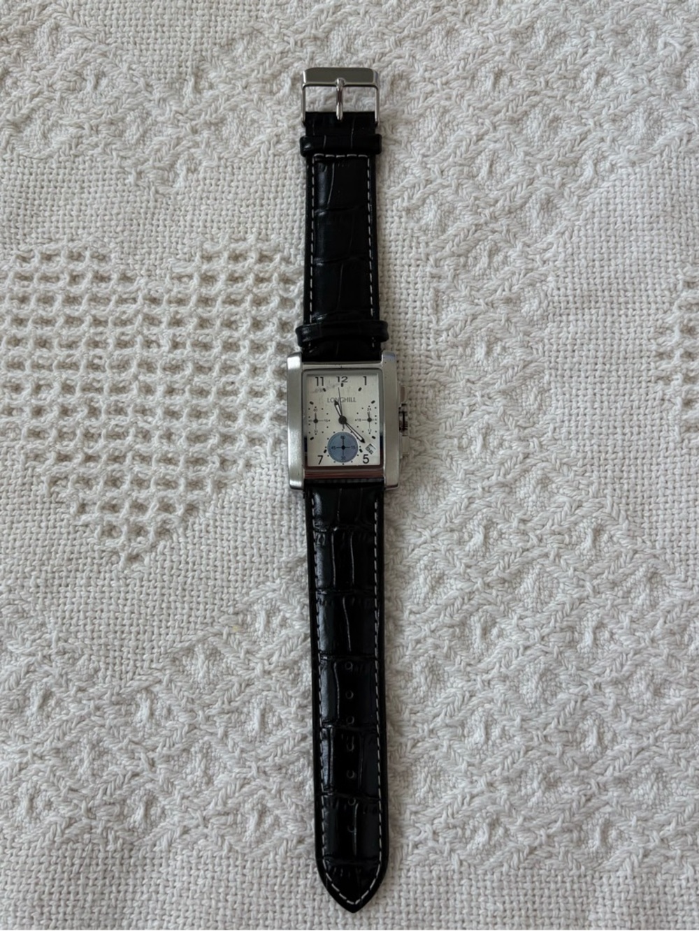 Square Silver Watch with Black Leather Strap